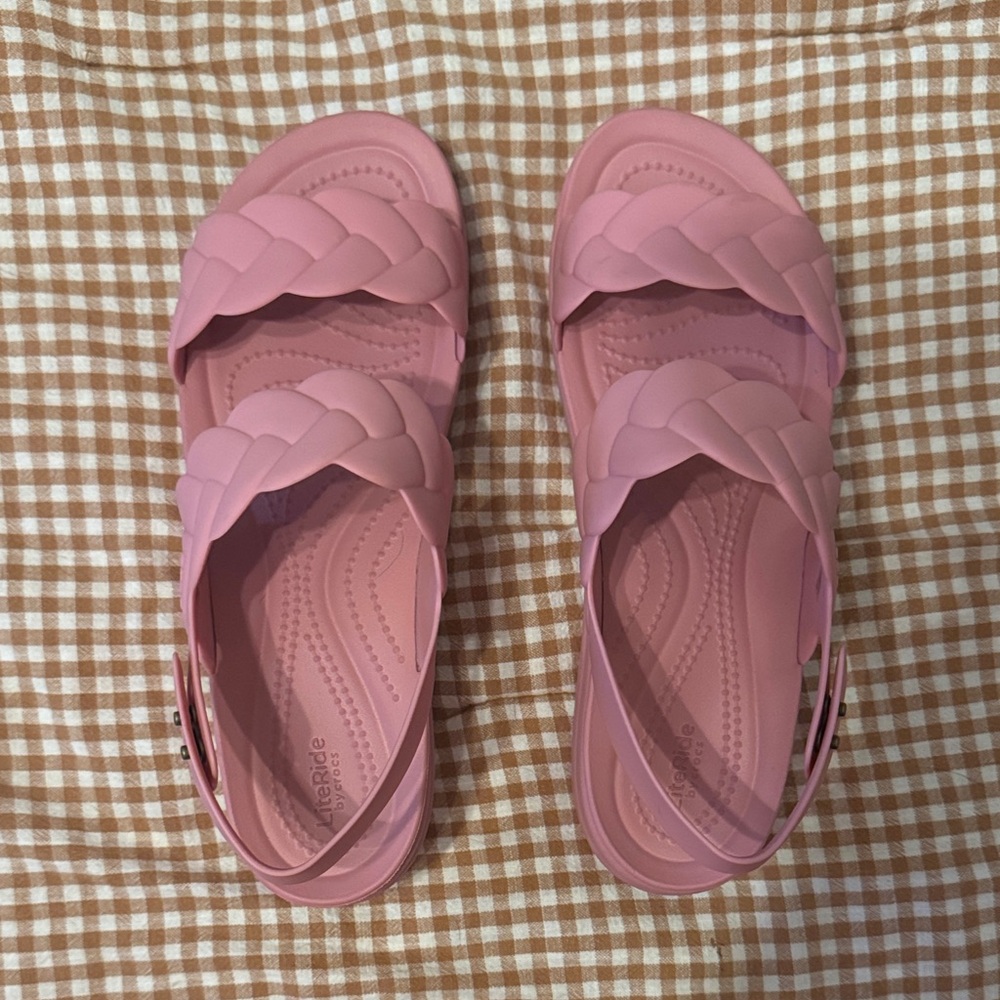 Pink Braided Crocs Brooklyn Wedges - Women's Comfortable Summer Shoes